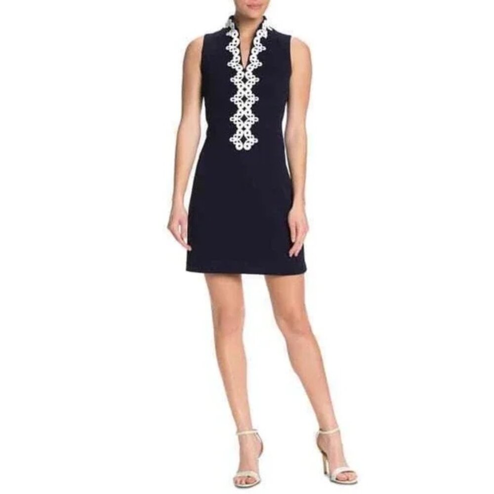 Vince Camuto Navy & White Mandarin Collar Sleeveless Mini Shift Dress Sz 8 - Picture 8 of 9